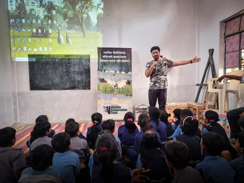 An outreach and sensitisation programme is underway at a school in Gondia, where Shashank Ladekar teaches children that protecting Sarus Cranes is crucial for maintaining healthy wetland ecosystems.